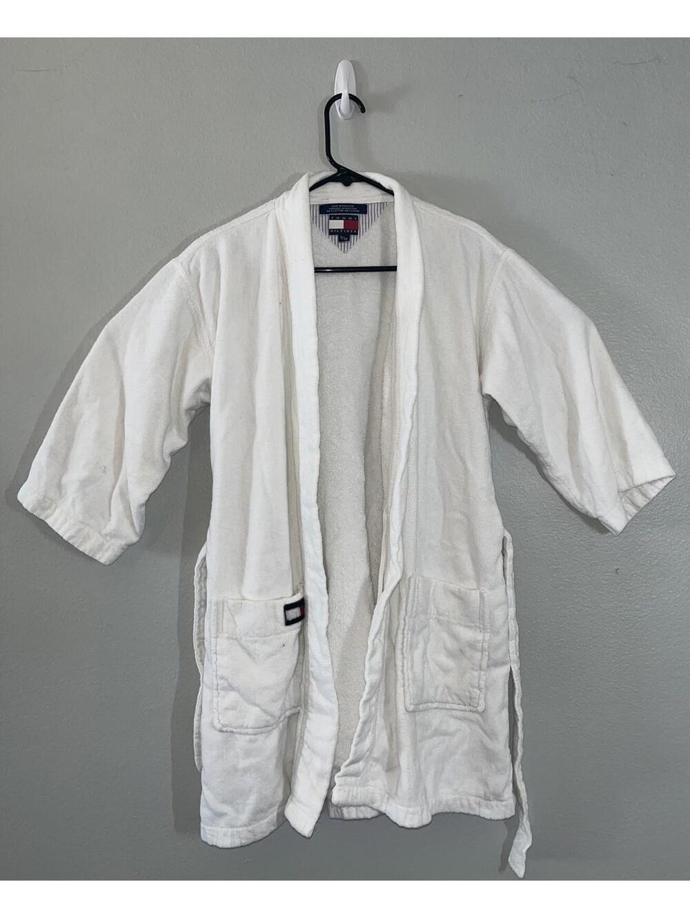 Vtg 90's Tommy Hilfiger Spa Robe White 100% Cotton Terry Flag Logo Unisex S/M